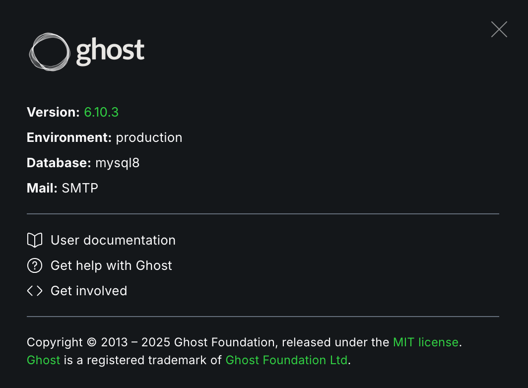 Ghost admin panel showing the upgrade to version 6